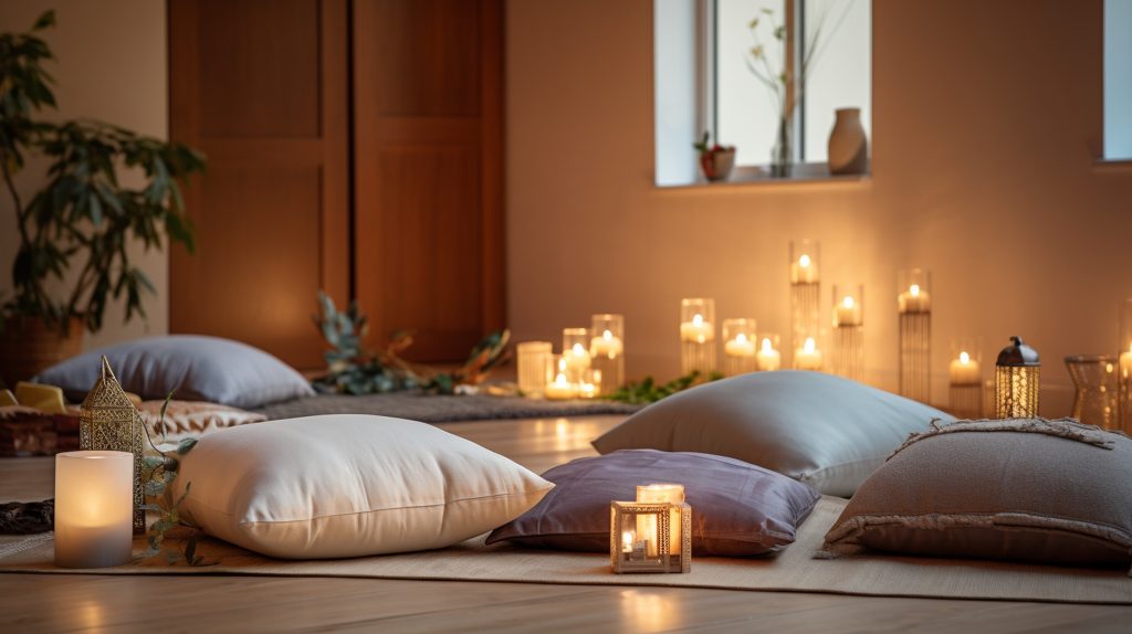 A tranquil space with cushions and candles, inviting individuals to practice mindfulness and deep relaxation Generative AI
